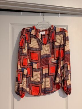 LOFT Geometric Square Print Blouse in Red, Cream & Navy